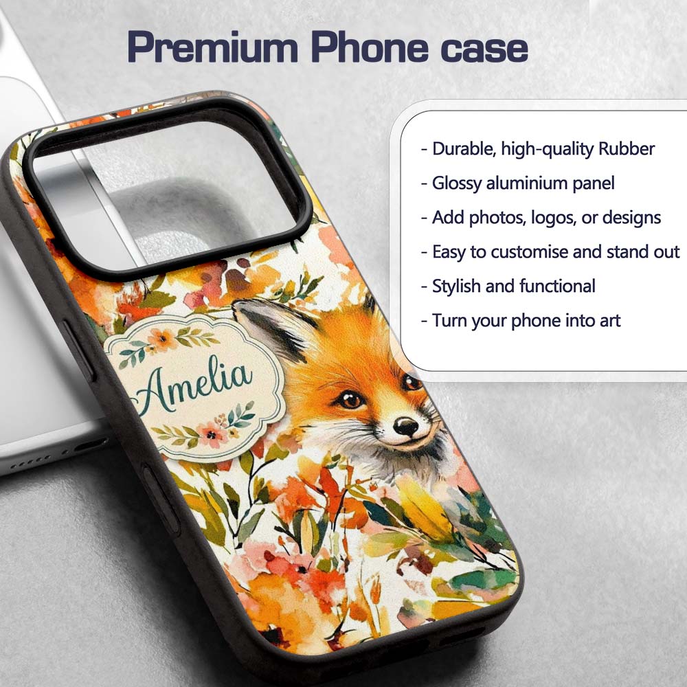 Watercolor Fox Floral Artistic Printed Design Custom Name Protective Phone Case Mobile Cover Durable Everyday Smartphone Shock Resistant