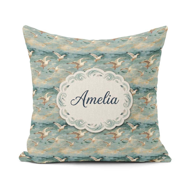 Custom Name Painterly Seagulls Over Ocean Waves Seamless Pattern Square Filled Cushion Throw Pillow Sofa Bed Home Decor Zip Washable UK Made