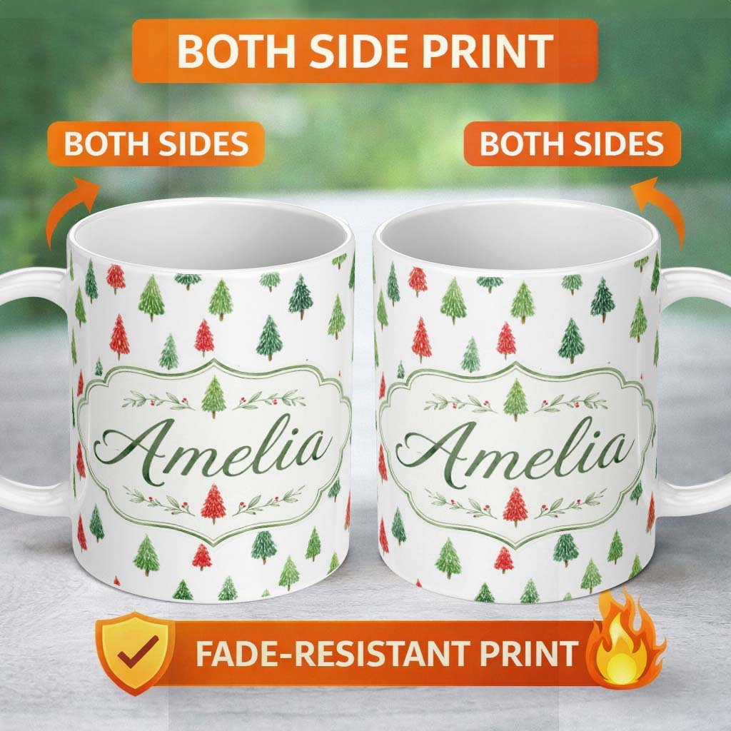 Personalized Custom Name Watercolor Red and Green Christmas Trees Pattern Festive Winter 11oz Ceramic Coffee Tea Mug White Large Handle