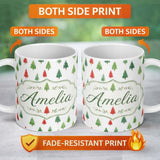 Personalized Custom Name Watercolor Red and Green Christmas Trees Pattern Festive Winter 11oz Ceramic Coffee Tea Mug White Large Handle