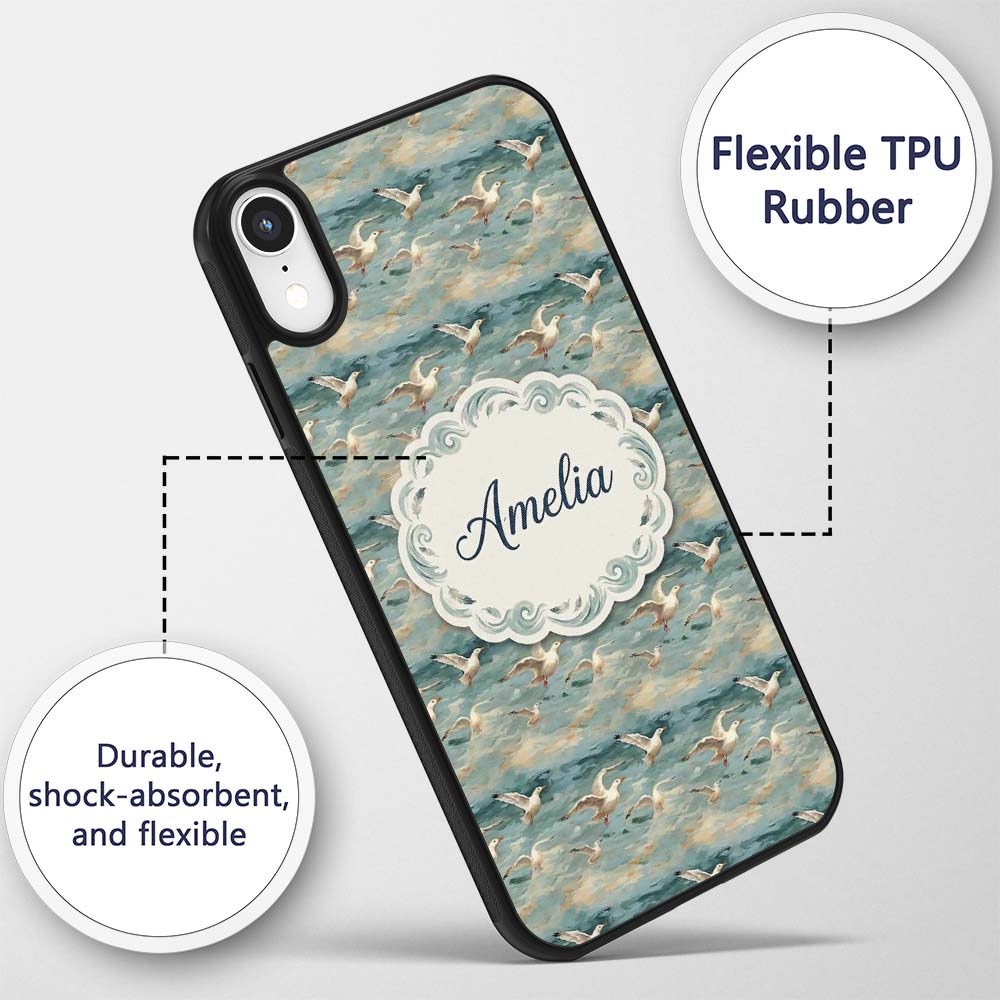 Painterly Seagulls Flying Over Printed Design Custom Name Protective Phone Case Mobile Cover Durable Everyday Smartphone Shock Resistant