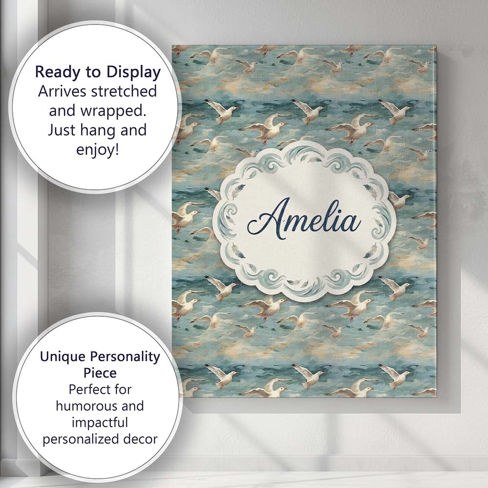 Personalised Name Painterly Seagulls Flying Custom  Bespoke Interior Contemporary Canvas Wall Art Print Decor Picture Ready to Hang