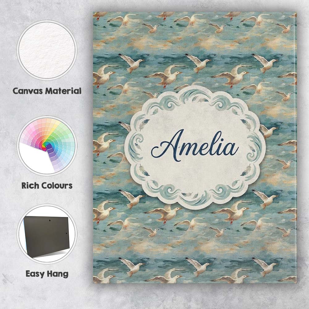 Personalised Name Painterly Seagulls Flying Custom  Bespoke Interior Contemporary Canvas Wall Art Print Decor Picture Ready to Hang