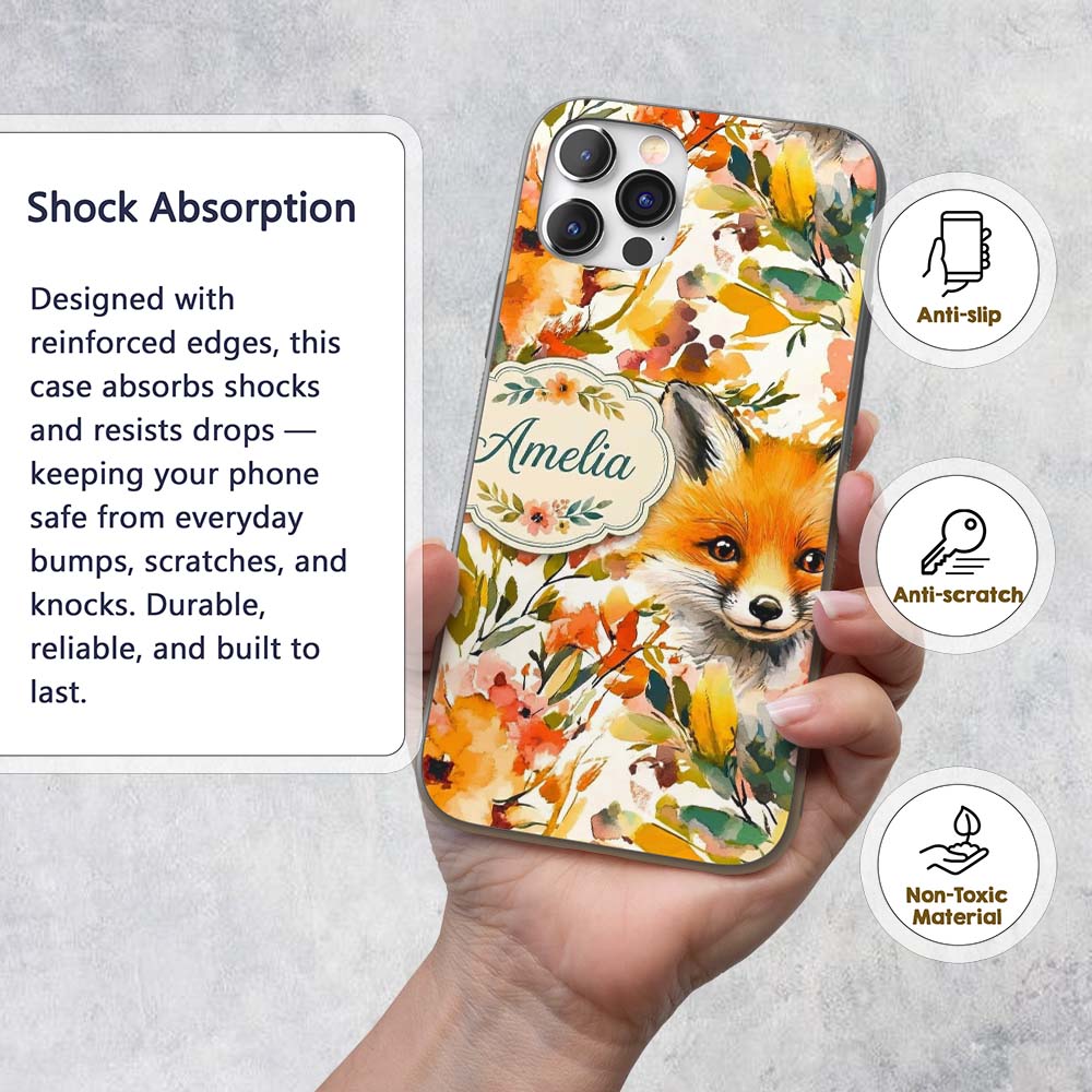 Watercolor Fox Floral Artistic Printed Design Custom Name Protective Phone Case Mobile Cover Durable Everyday Smartphone Shock Resistant
