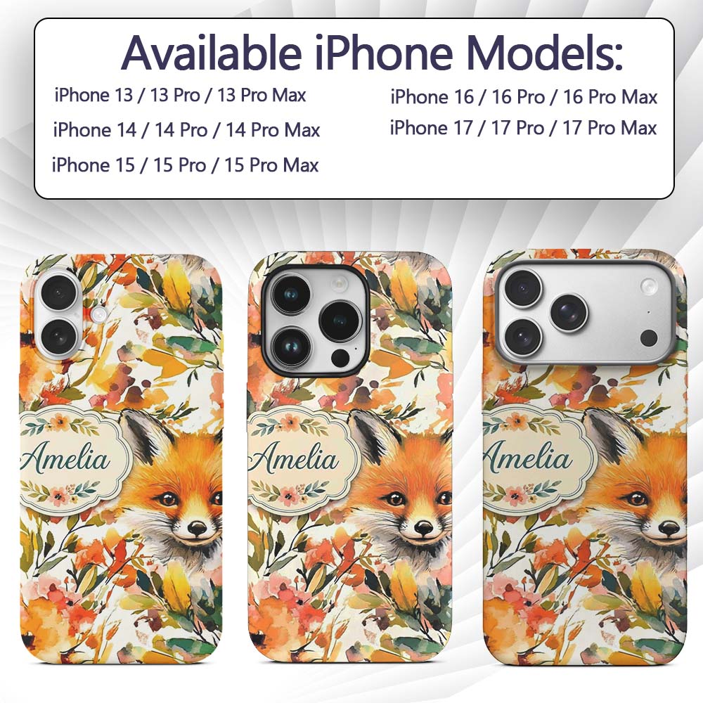 Watercolor Fox Floral Artistic Printed Design Custom Name Protective Phone Case Mobile Cover Durable Everyday Smartphone Shock Resistant