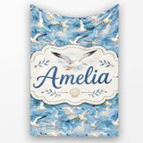 Soft Watercolor Seagulls in Flight Over Sea Seamless Pattern Lovely  Personalised Custom Name Super Soft Fleece Blanket Bed Sofa Throw