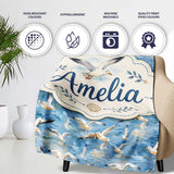 Soft Watercolor Seagulls in Flight Over Sea Seamless Pattern Lovely  Personalised Custom Name Super Soft Fleece Blanket Bed Sofa Throw