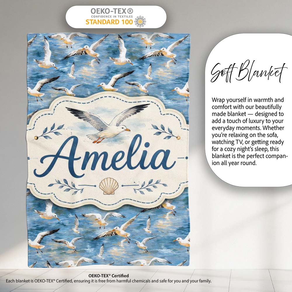 Soft Watercolor Seagulls in Flight Over Sea Seamless Pattern Lovely  Personalised Custom Name Super Soft Fleece Blanket Bed Sofa Throw