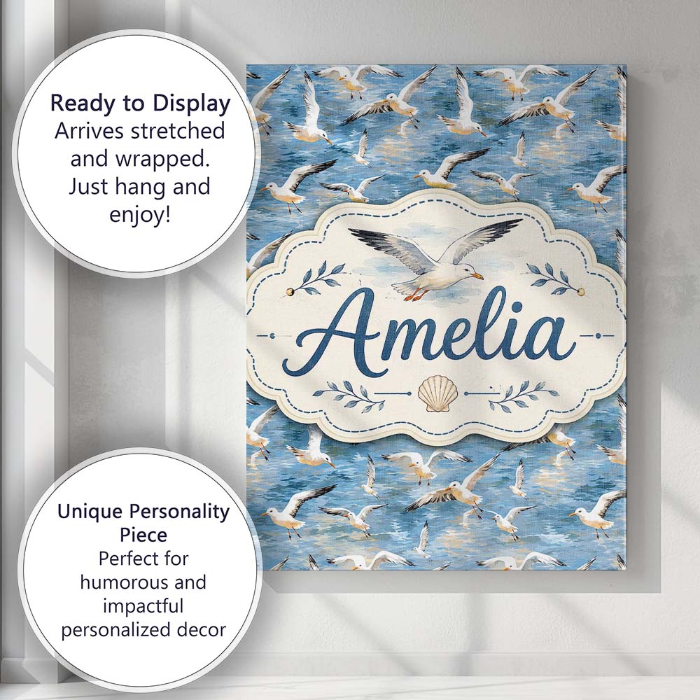 Personalised Name Soft Watercolor Seagulls Custom  Unique Gift Idea Elegant Feature Canvas Wall Art Print Decor Picture Ready to Hang