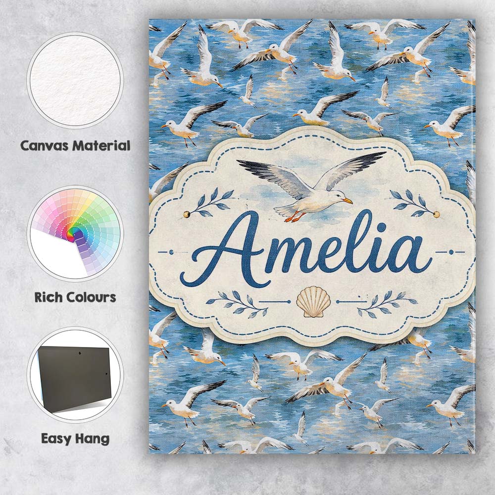 Personalised Name Soft Watercolor Seagulls Custom  Unique Gift Idea Elegant Feature Canvas Wall Art Print Decor Picture Ready to Hang