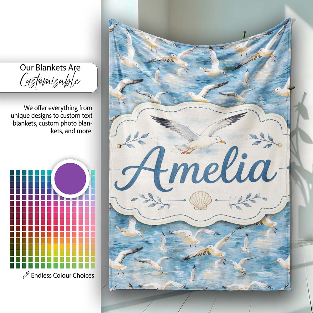 Soft Watercolor Seagulls in Flight Over Sea Seamless Pattern Lovely  Personalised Custom Name Super Soft Fleece Blanket Bed Sofa Throw