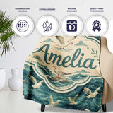 Seagulls Flying Over Deep Blue Ocean Waves Seamless Pattern Lovely  Personalised Custom Name Super Soft Fleece Blanket Bed Sofa Throw