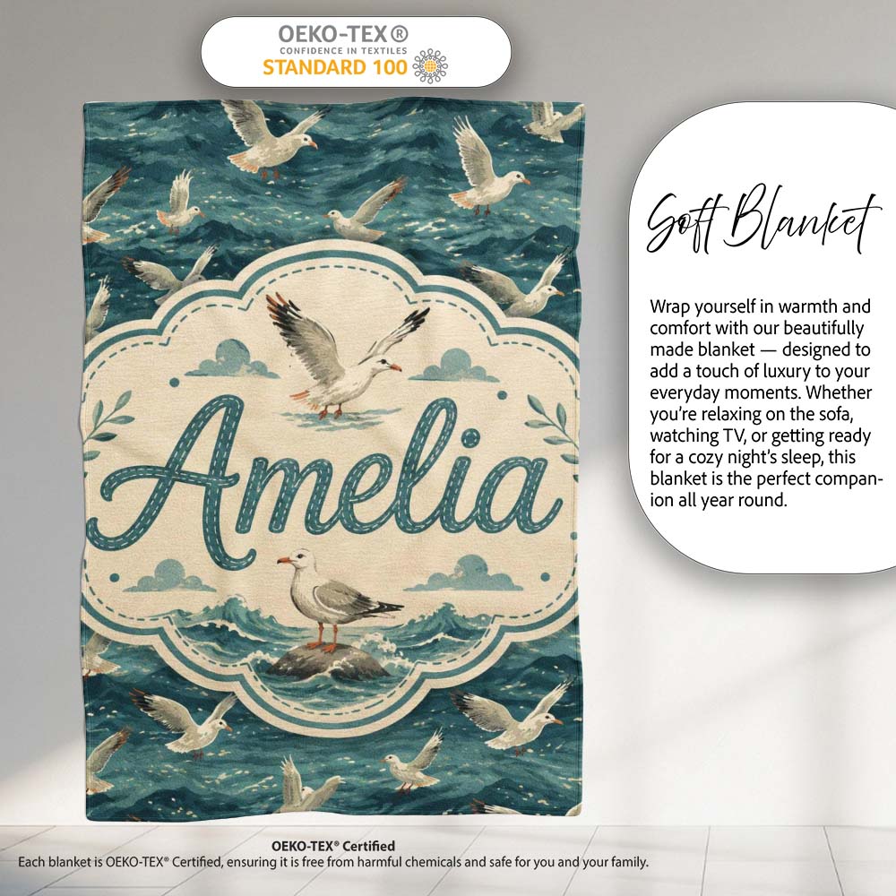 Seagulls Flying Over Deep Blue Ocean Waves Seamless Pattern Lovely  Personalised Custom Name Super Soft Fleece Blanket Bed Sofa Throw