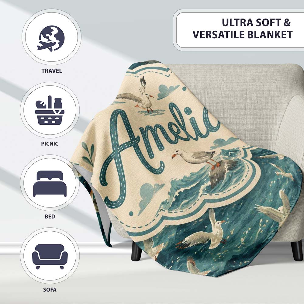 Seagulls Flying Over Deep Blue Ocean Waves Seamless Pattern Lovely  Personalised Custom Name Super Soft Fleece Blanket Bed Sofa Throw