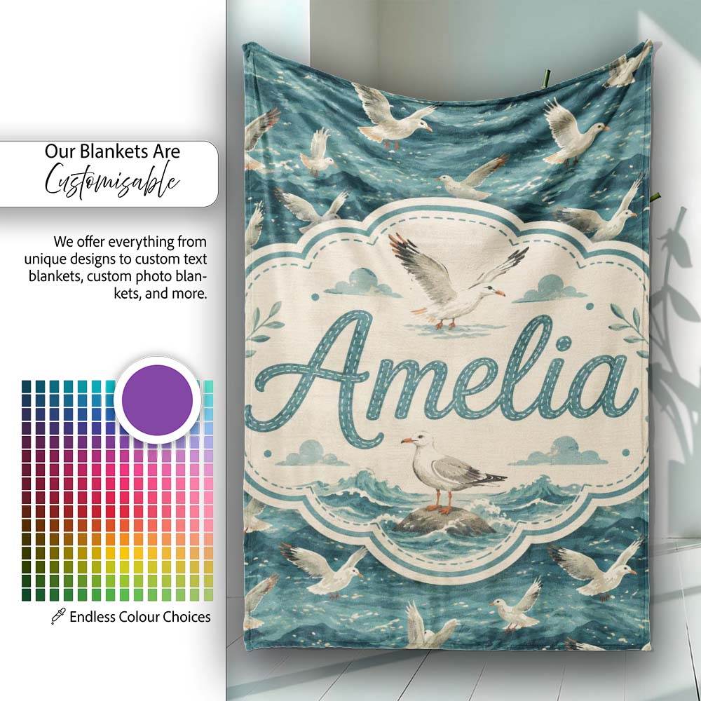 Seagulls Flying Over Deep Blue Ocean Waves Seamless Pattern Lovely  Personalised Custom Name Super Soft Fleece Blanket Bed Sofa Throw