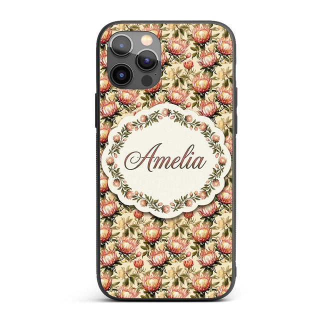 Vintage Protea Floral Botanical Seamless Pattern Custom Name Protective Phone Case Mobile Cover Durable Everyday Smartphone Shock Resistant