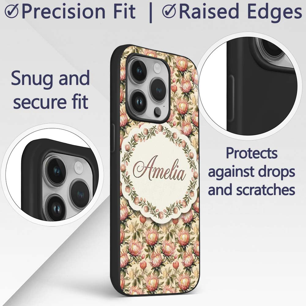 Vintage Protea Floral Botanical Seamless Pattern Custom Name Protective Phone Case Mobile Cover Durable Everyday Smartphone Shock Resistant