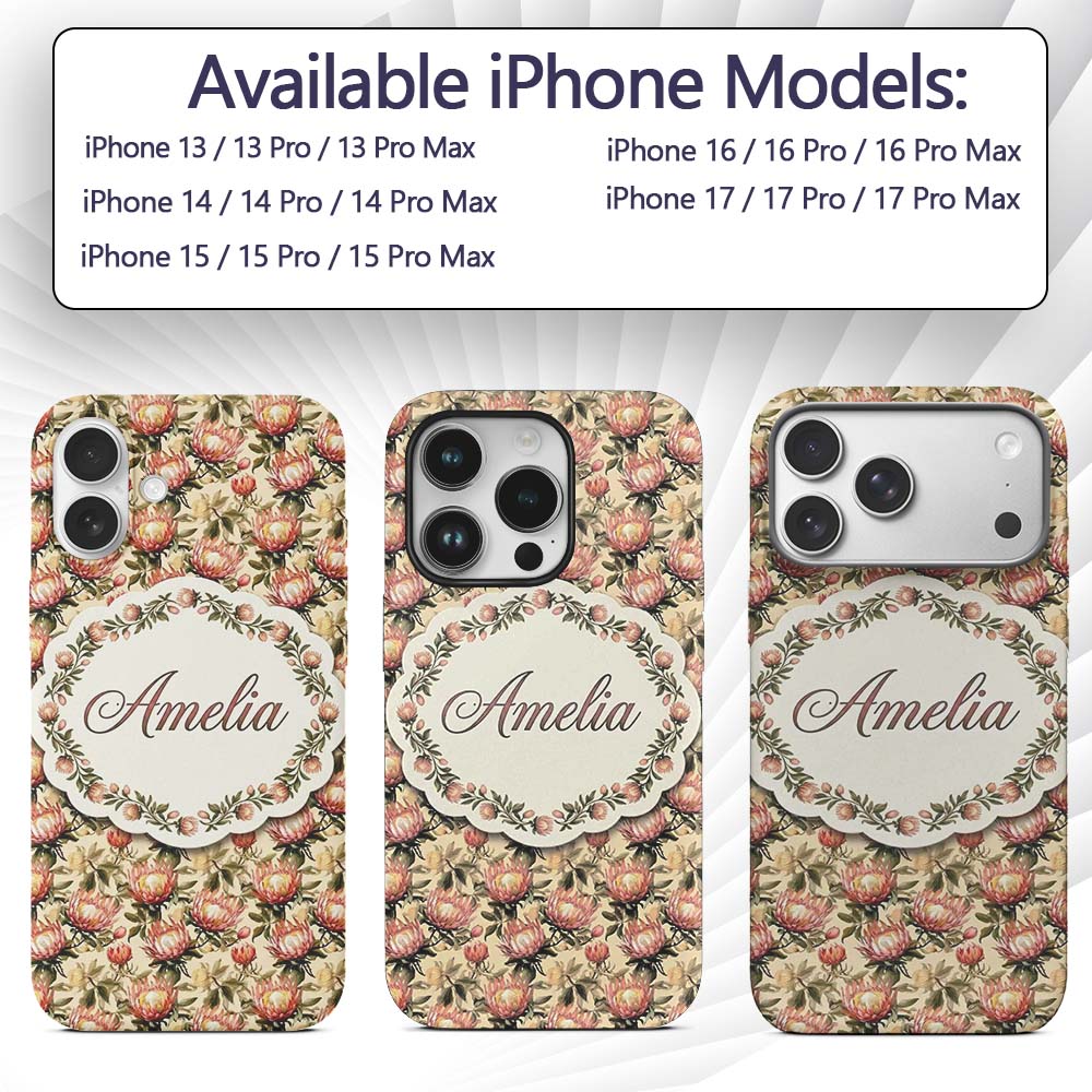 Vintage Protea Floral Botanical Seamless Pattern Custom Name Protective Phone Case Mobile Cover Durable Everyday Smartphone Shock Resistant