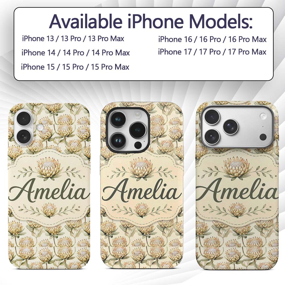 Cream Protea Botanical Floral Seamless Pattern Custom Name Protective Phone Case Mobile Cover Durable Everyday Smartphone Shock Resistant