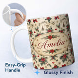 Personalized Custom Name Vintage Poinsettia Pine Branch Snowflake Festive Seamless Pattern 11oz Ceramic Coffee Tea Mug White Large Handle