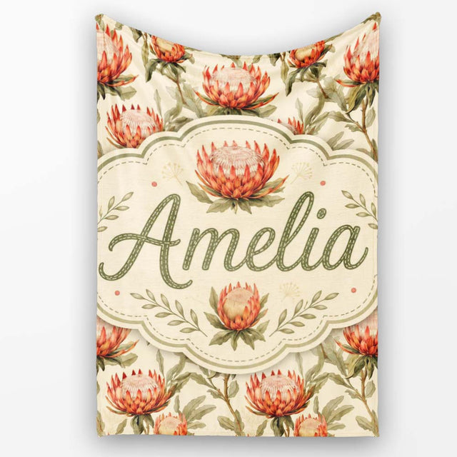 Warm Orange Protea Flower Vintage Botanical Seamless Pattern Lovely  Personalised Custom Name Super Soft Fleece Blanket Bed Sofa Throw
