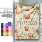Warm Orange Protea Flower Vintage Botanical Seamless Pattern Lovely  Personalised Custom Name Super Soft Fleece Blanket Bed Sofa Throw