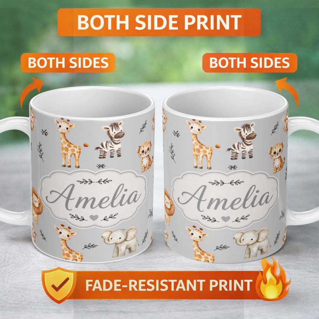 Personalized Custom Name Safari Animals with Elephant Lion and Leopard Cub on Cool Grey 11oz Ceramic Coffee Tea Mug White Large Handle