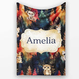 Dark Woodland Cute Animals Gold Leaf Pattern Cute Unique Gift Lovely  Personalised Custom Name Super Soft Fleece Blanket Bed Sofa Throw