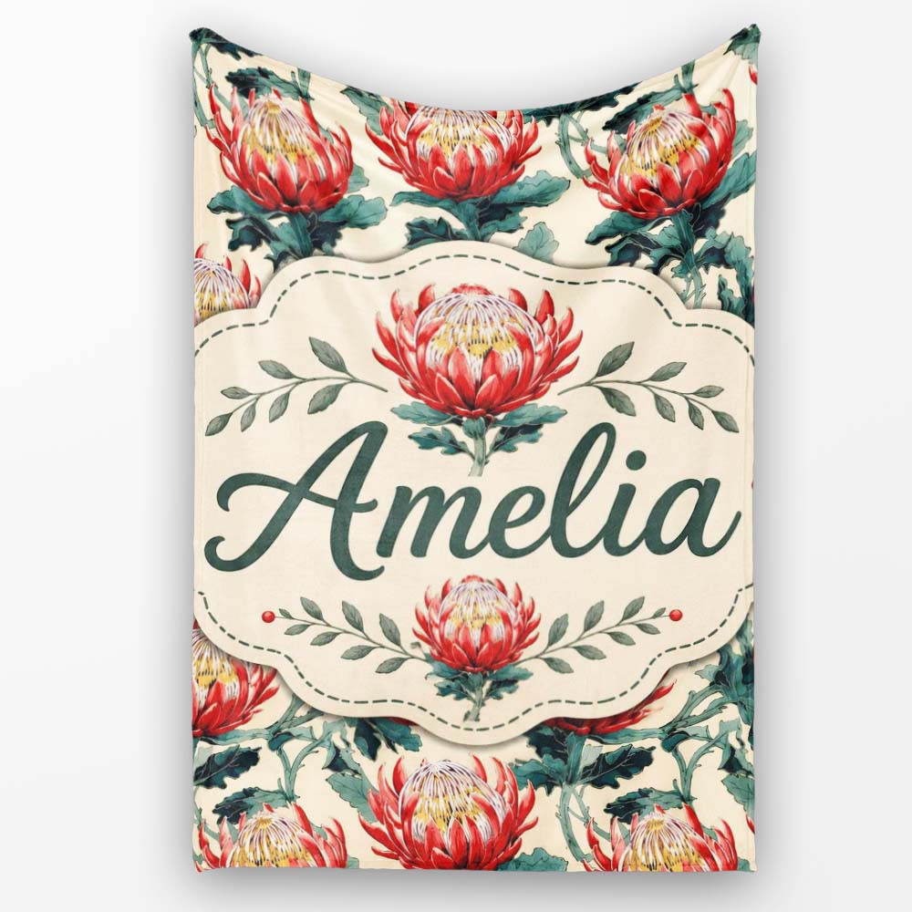 Bold Red Protea Botanical Floral Seamless Pattern Cute Unique Gift  Personalised Custom Name Super Soft Fleece Blanket Bed Sofa Throw
