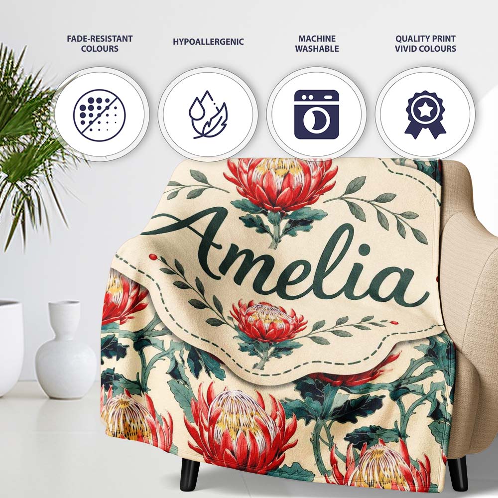 Bold Red Protea Botanical Floral Seamless Pattern Cute Unique Gift  Personalised Custom Name Super Soft Fleece Blanket Bed Sofa Throw