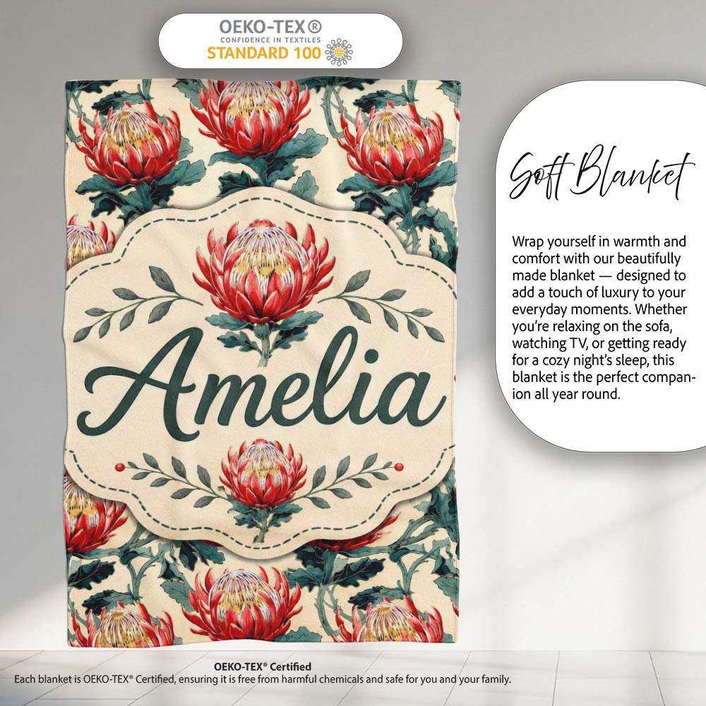 Bold Red Protea Botanical Floral Seamless Pattern Cute Unique Gift  Personalised Custom Name Super Soft Fleece Blanket Bed Sofa Throw