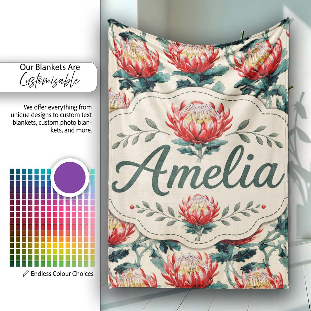 Bold Red Protea Botanical Floral Seamless Pattern Cute Unique Gift  Personalised Custom Name Super Soft Fleece Blanket Bed Sofa Throw