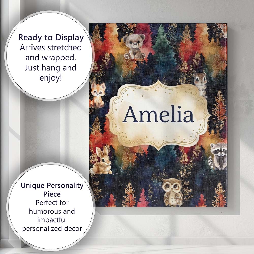 Personalised Name Dark Woodland Cute Animals Gold Leaf Pattern Custom  Decorative Canvas Wall Art Print Decor Picture Ready to Hang