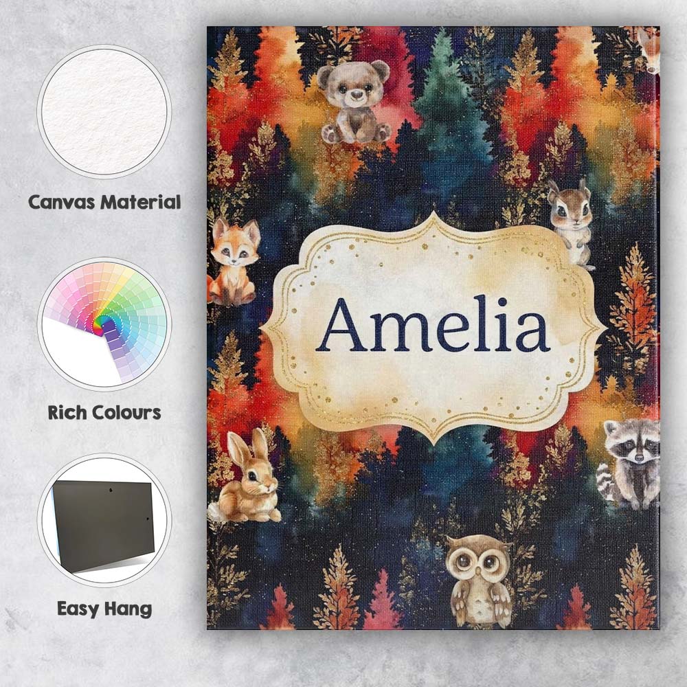 Personalised Name Dark Woodland Cute Animals Gold Leaf Pattern Custom  Decorative Canvas Wall Art Print Decor Picture Ready to Hang