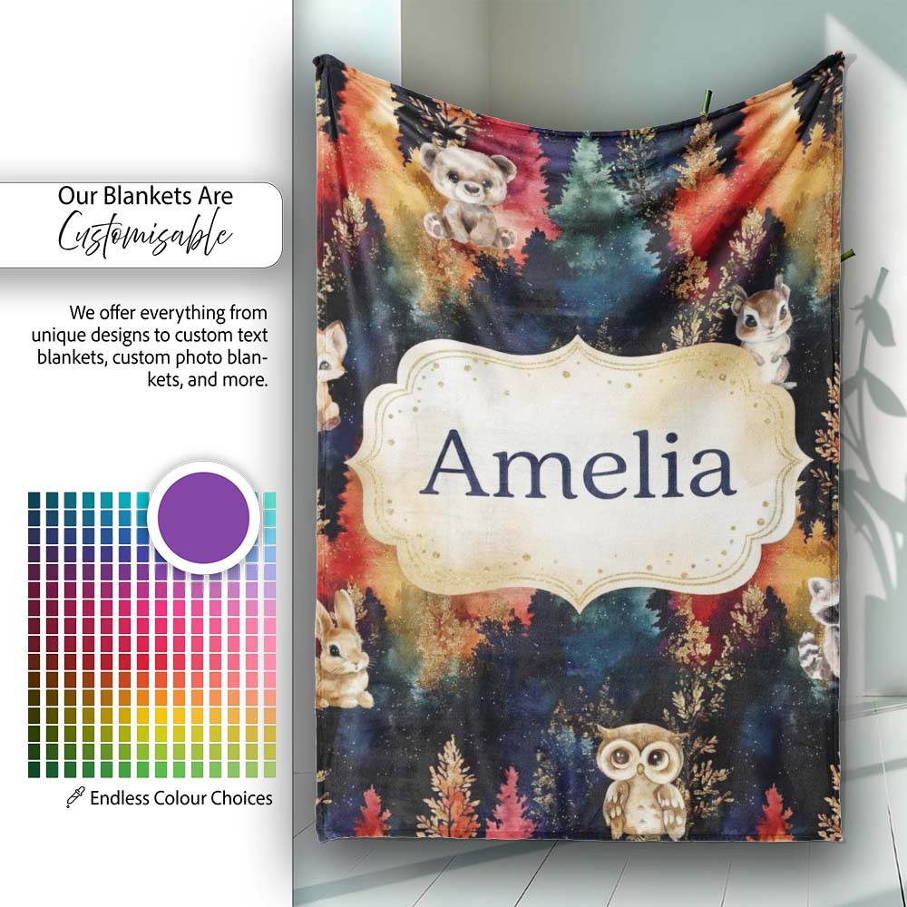 Dark Woodland Cute Animals Gold Leaf Pattern Cute Unique Gift Lovely  Personalised Custom Name Super Soft Fleece Blanket Bed Sofa Throw