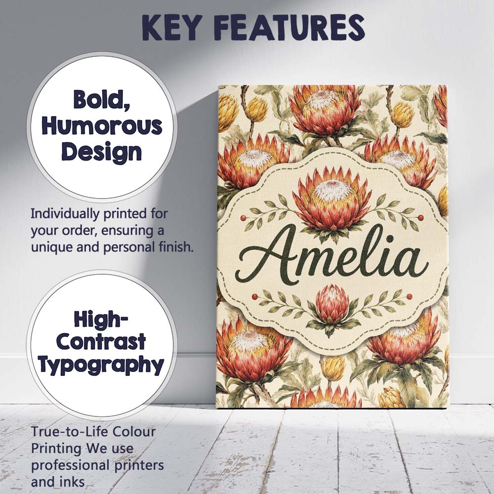 Personalised Name Protea Flowers with Custom Modern Room Accent Creative Decorator Style Canvas Wall Art Print Decor Picture Ready to Hang