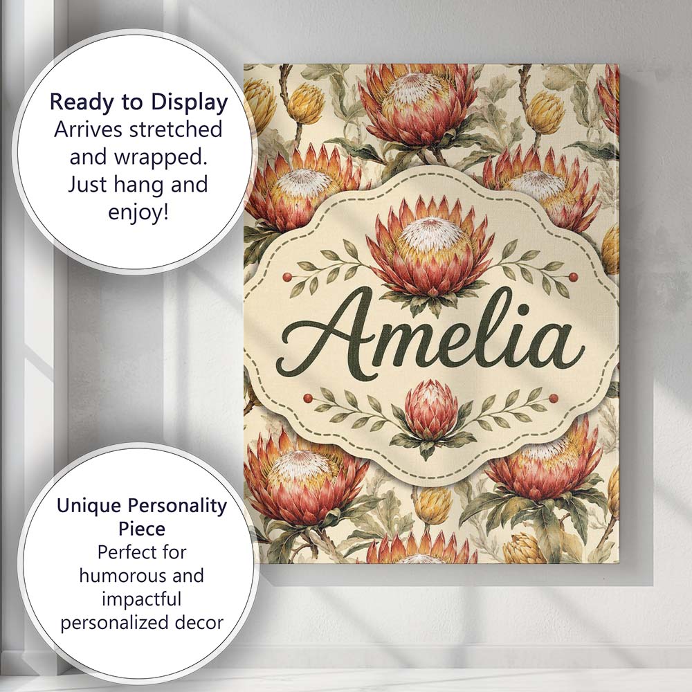 Personalised Name Protea Flowers with Custom Modern Room Accent Creative Decorator Style Canvas Wall Art Print Decor Picture Ready to Hang