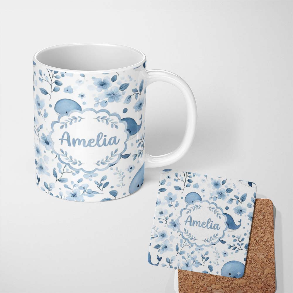 Personalized Custom Name Cute Blue Whale with Floral Background Seamless Pattern Lovely 11oz Ceramic Coffee Tea Mug White Large Handle