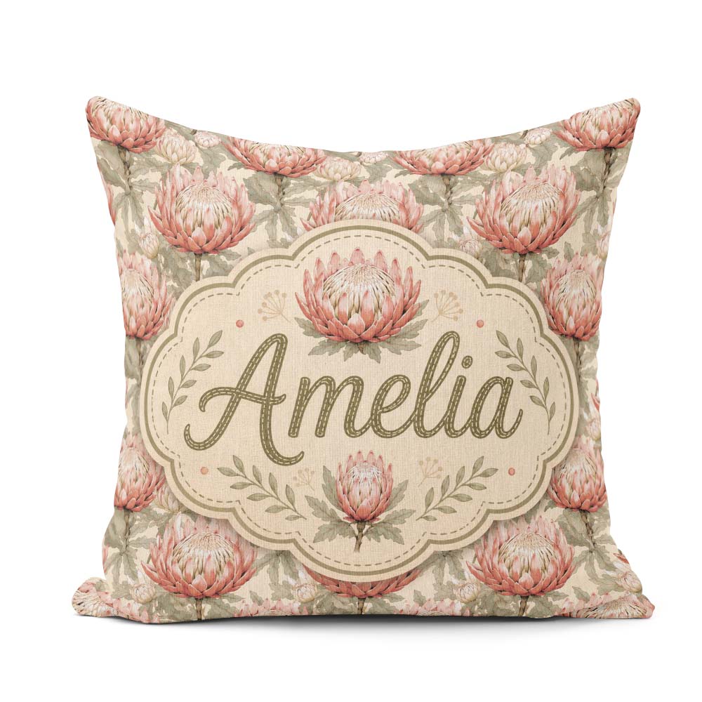 Custom Name Elegant Pink Protea Floral Botanical Seamless Lovely Square Filled Cushion Throw Pillow Sofa Bed Home Decor Zip Washable UK Made