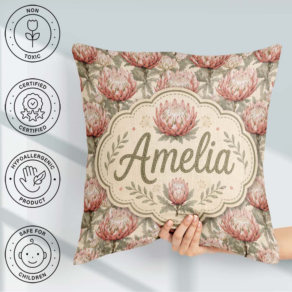 Custom Name Elegant Pink Protea Floral Botanical Seamless Lovely Square Filled Cushion Throw Pillow Sofa Bed Home Decor Zip Washable UK Made