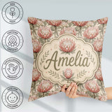 Custom Name Elegant Pink Protea Floral Botanical Seamless Lovely Square Filled Cushion Throw Pillow Sofa Bed Home Decor Zip Washable UK Made