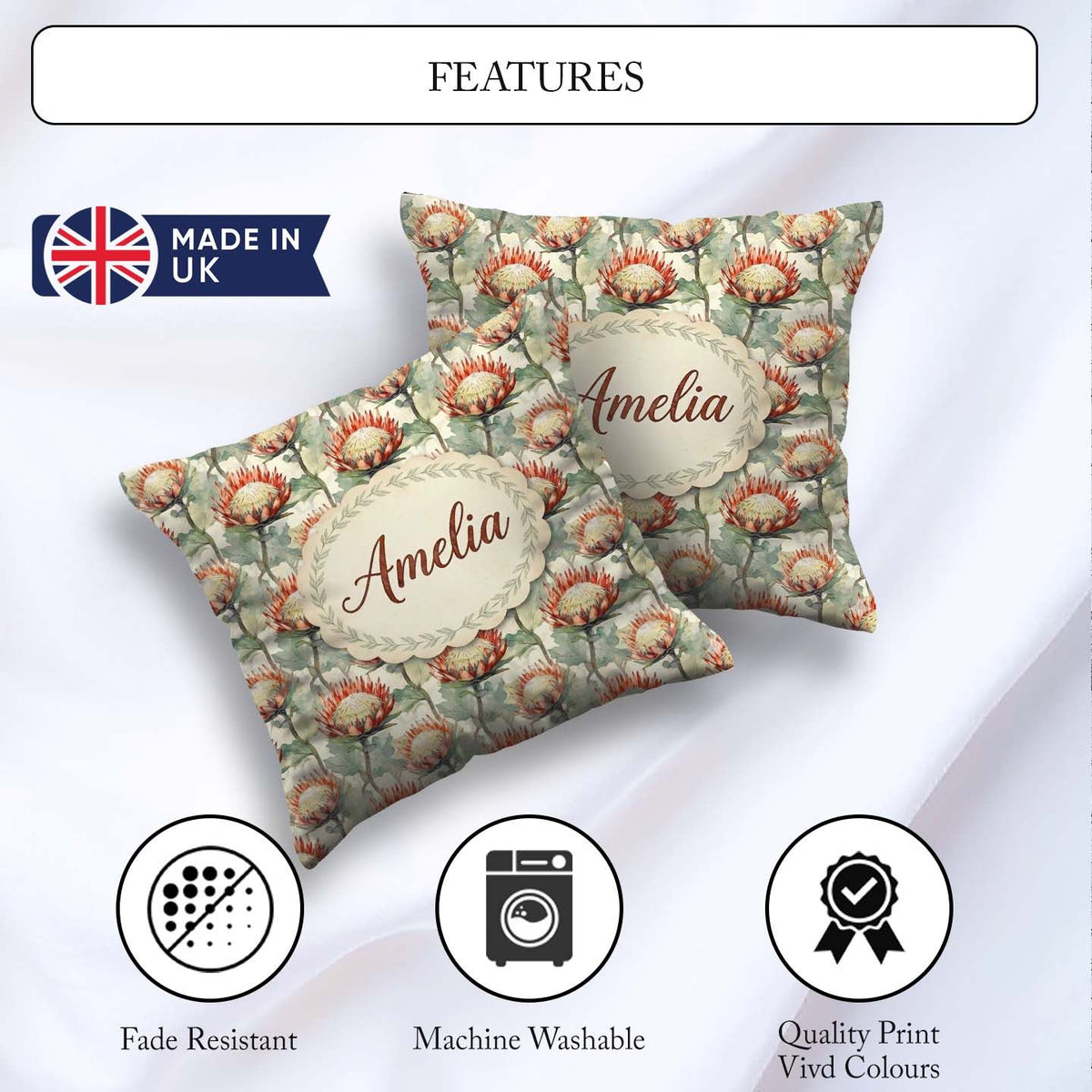 Custom Name Soft Protea Floral Seamless Pattern Stylish Everyday Square Filled Cushion Throw Pillow Sofa Bed Home Decor Zip Washable UK Made