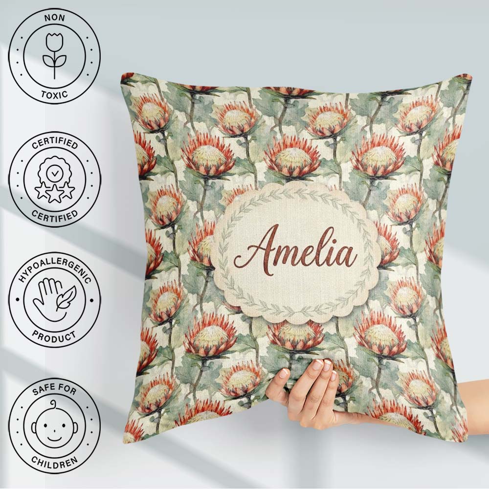 Custom Name Soft Protea Floral Seamless Pattern Stylish Everyday Square Filled Cushion Throw Pillow Sofa Bed Home Decor Zip Washable UK Made