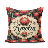 Custom Name Dark Background Red Protea Botanical Seamless Lovely Square Filled Cushion Throw Pillow Sofa Bed Home Decor Zip Washable UK Made
