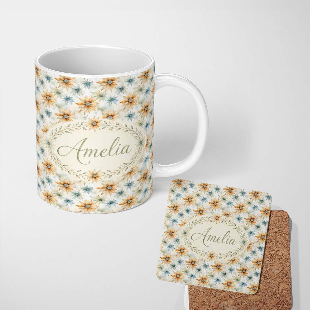 Personalized Custom Name Soft Orange and Blue Floral Watercolor Seamless Pattern Lovely 11oz Ceramic Coffee Tea Mug White Large Handle