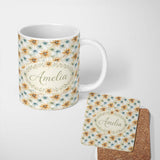 Personalized Custom Name Soft Orange and Blue Floral Watercolor Seamless Pattern Lovely 11oz Ceramic Coffee Tea Mug White Large Handle