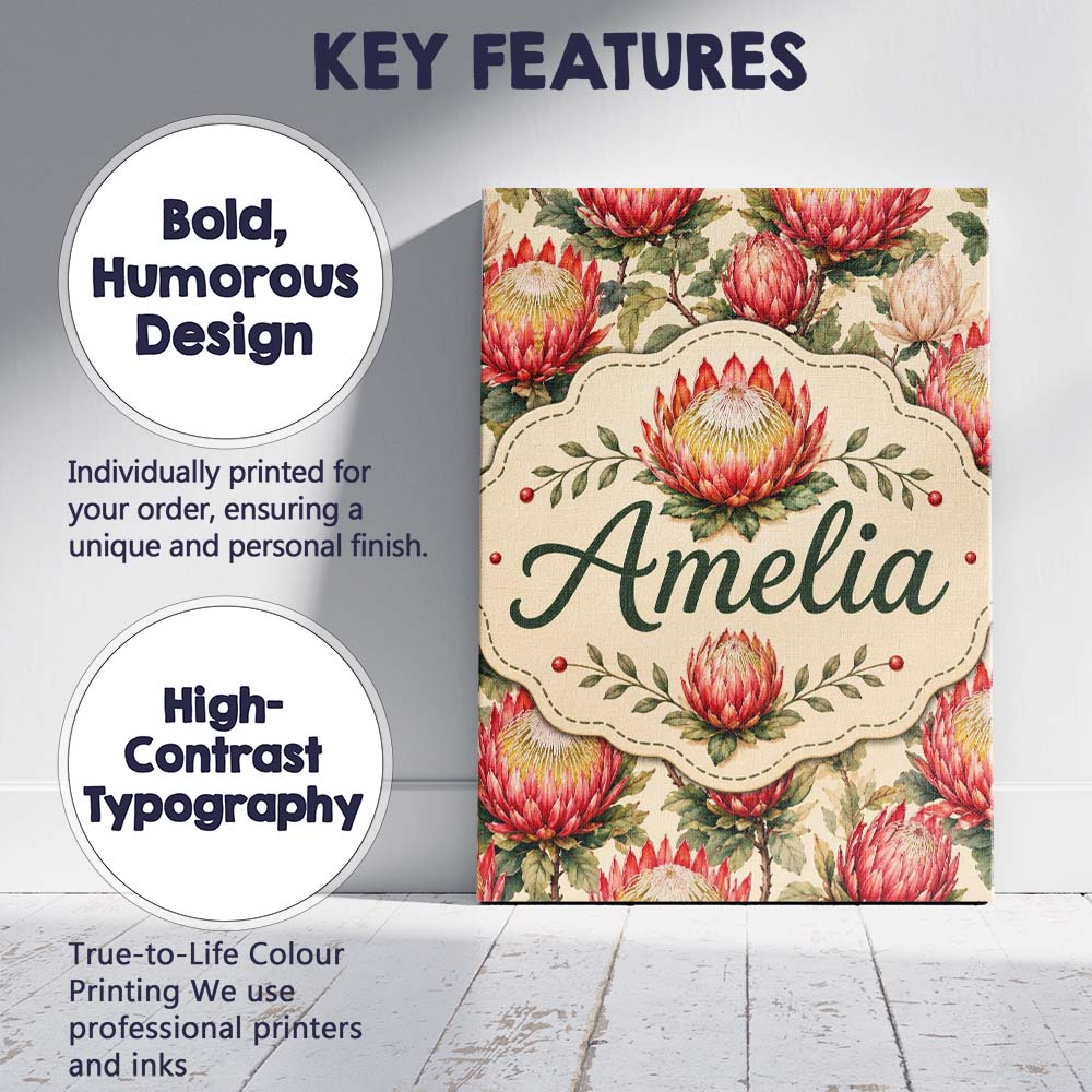 Personalised Name Red and Cream Protea Custom  Modern Room Accent Elegant Feature Canvas Wall Art Print Decor Picture Ready to Hang