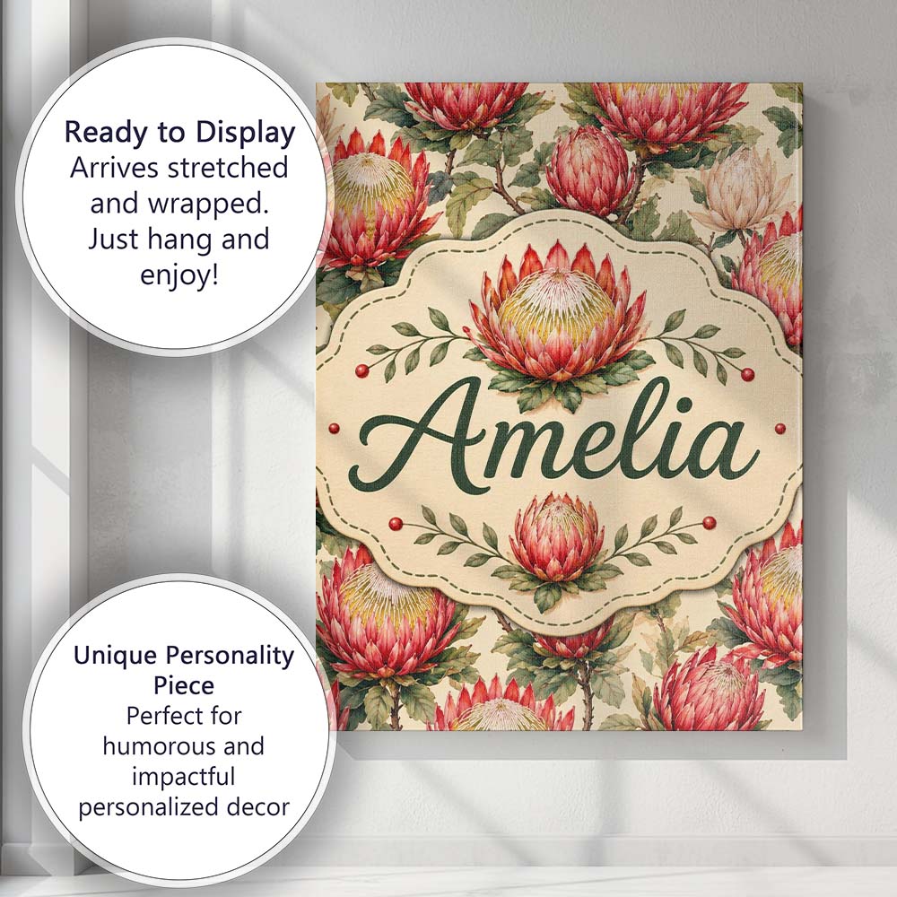 Personalised Name Red and Cream Protea Custom  Modern Room Accent Elegant Feature Canvas Wall Art Print Decor Picture Ready to Hang