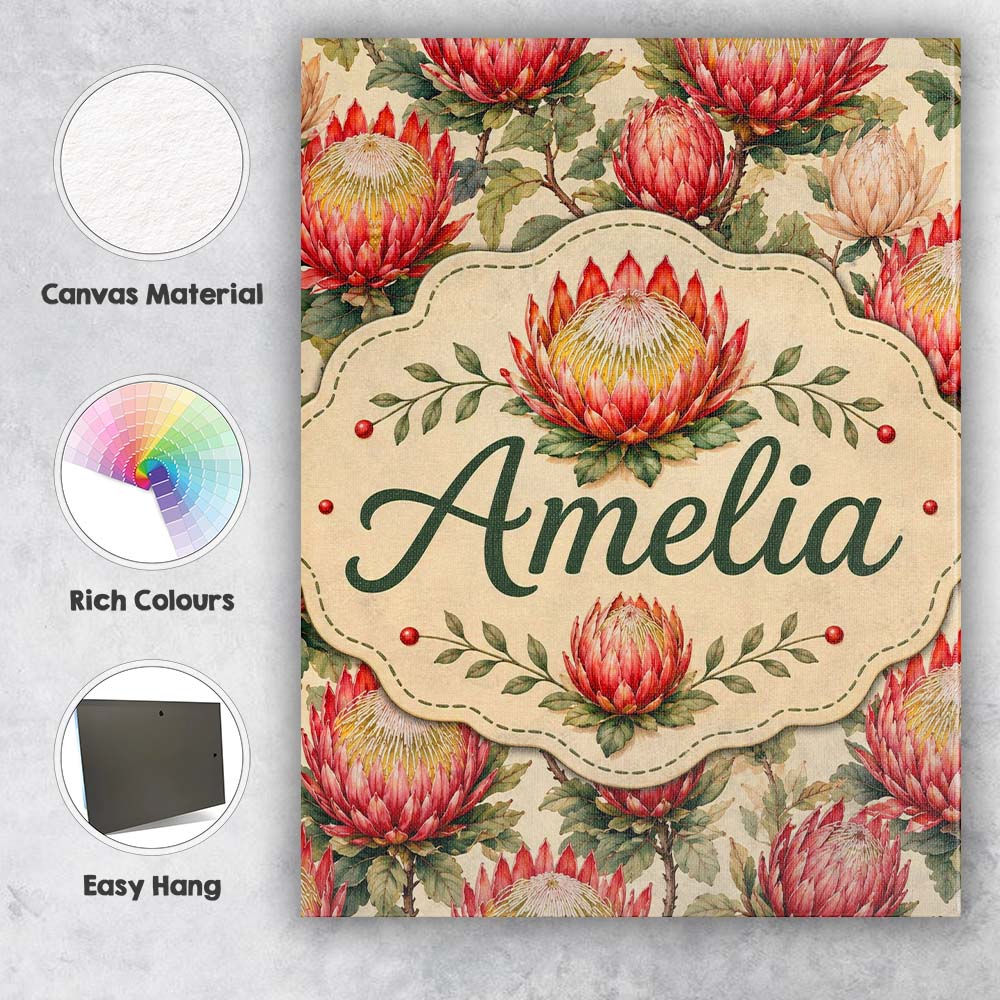 Personalised Name Red and Cream Protea Custom  Modern Room Accent Elegant Feature Canvas Wall Art Print Decor Picture Ready to Hang
