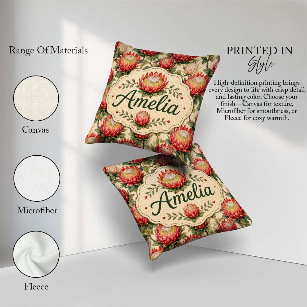 Custom Name Red and Cream Protea Floral Botanical Pattern Lovely Square Filled Cushion Throw Pillow Sofa Bed Home Decor Zip Washable UK Made